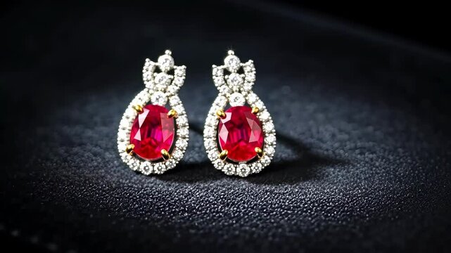 Elegant jewelry. Two ruby earrings with diamonds on a black background. Gemstones and luxury.