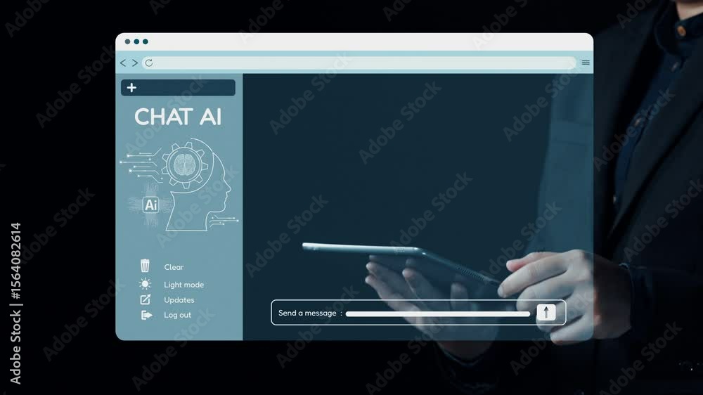 Poster this image showcases a futuristic ai chat interface with user interaction, featuring digital messagi