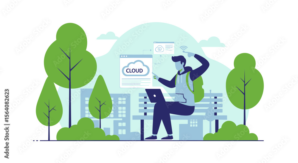 Poster man on a bench using cloud computing technology in a public park