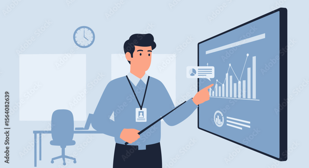 Poster man presenting business data analysis on screen in corporate office setting