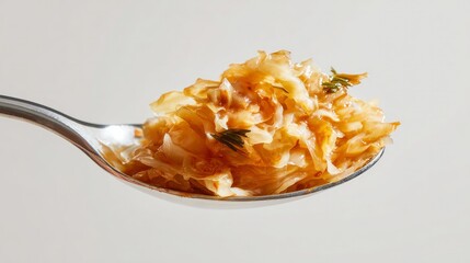 A spoon filled with savory fermented cabbage rests against a clean white backdrop