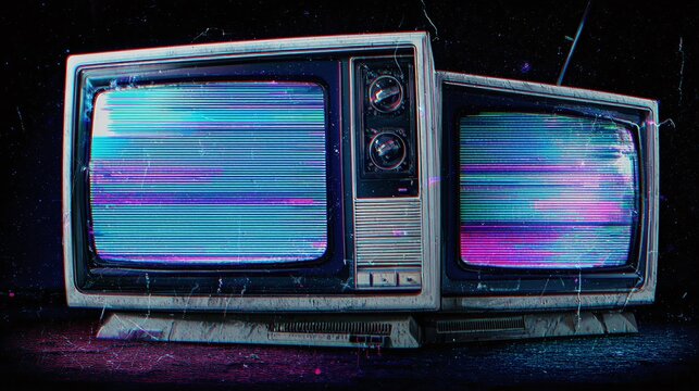 Vintage television sets showing distorted, static-filled screens evoke a sense of nostalgia and technological decay. Retro aesthetics meet digital glitches.