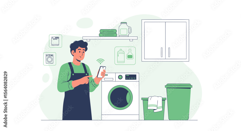 Poster man using smart app control laundry machine technology in home illustration