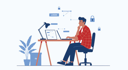 Fototapeta premium Man Working From Home With Laptop Surrounded By Security Icons Illustration