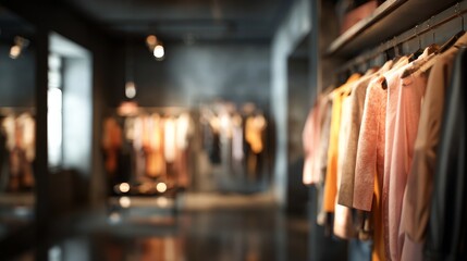 Blurred image of a contemporary dressing room filled with trendy clothing