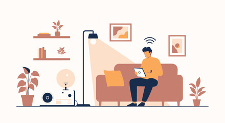 Minimalist Illustration Of A Man Using A Tablet At Home With Simple Decorations