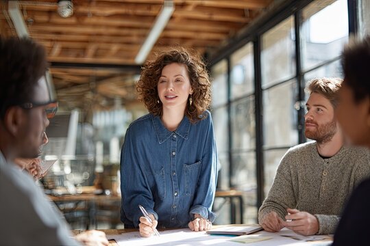 A woman leads a small group meeting in a sunlit, modern office. She stands at a table with colleagues, actively participating in a collaborative discussion - Powered by Adobe