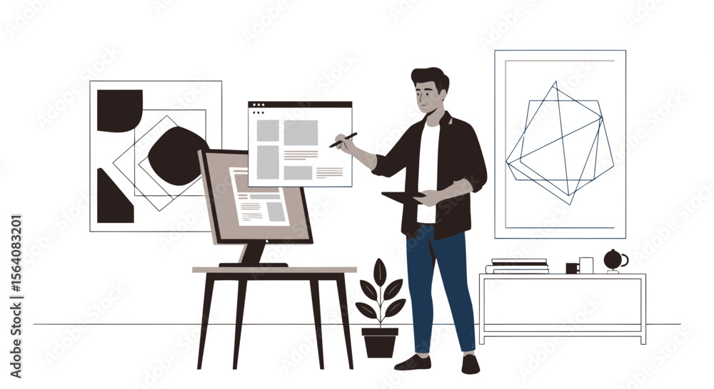 Aufkleber modern designer visualizing website layout in minimalist styled home office