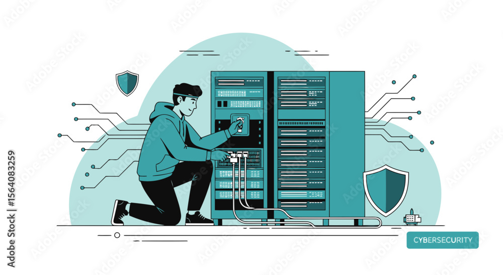 Aufkleber modern cyber security system engineer working on server racks vector illustration