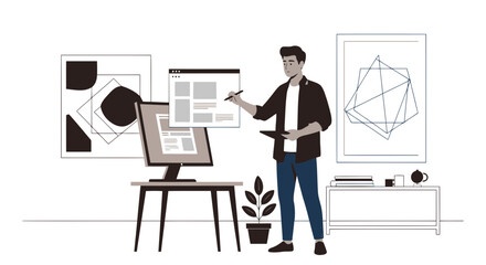 Modern Designer Visualizing Website Layout In Minimalist Styled Home Office