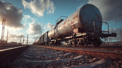 Naklejka premium Industrial train on tracks, blue sky with clouds above. Transportation of goods and materials. Railway freight transport, delivery and logistics.