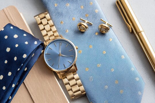 Elegant mens accessories display including watch, tie, cufflinks, and pen on a light background