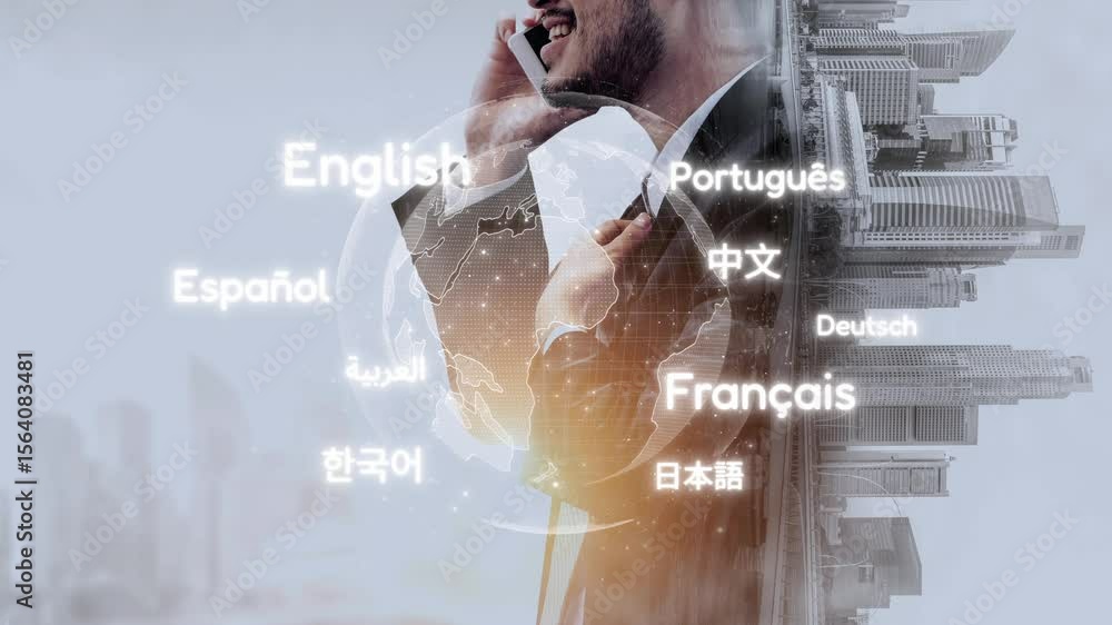 Poster global communication with multiple languages, digital translation tools, multilingual technology, cr