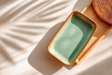Rectangular ceramic plate with soft green glaze on a natural wooden surface