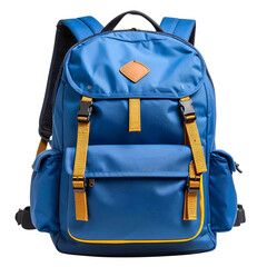 Modern blue backpack with yellow accents and leather patch isolated on transparent background