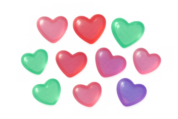 Heart-shaped balloons in vibrant pink, red, green, purple floating together, symbolizing love and joy against clear backdrop