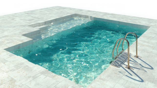 A clear blue swimming pool with ladder isolated on transparent background