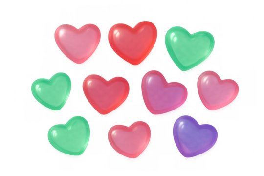 Heart-shaped balloons in vibrant pink, red, green, purple floating together, symbolizing love and joy against clear backdrop