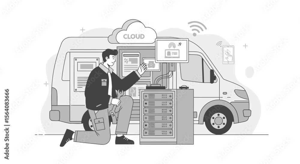 Poster on site server maintenance connecting with cloud computing mobile service van