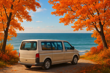 Fototapeta premium Minivan by the ocean on a scenic autumn day surrounded by vibrant orange foliage. concept of road trip adventure, serene coastal drive, tranquil nature escape