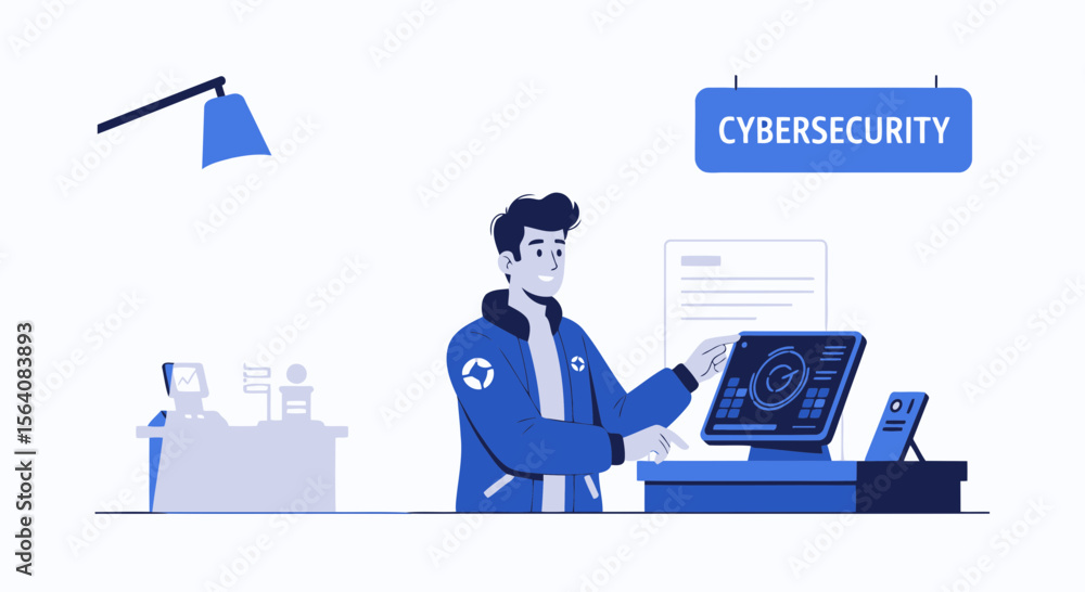 Poster professional cyber security analyst working on computer for data protection
