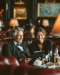 Elegant couple smiles while looking at something indoors in a restaurant