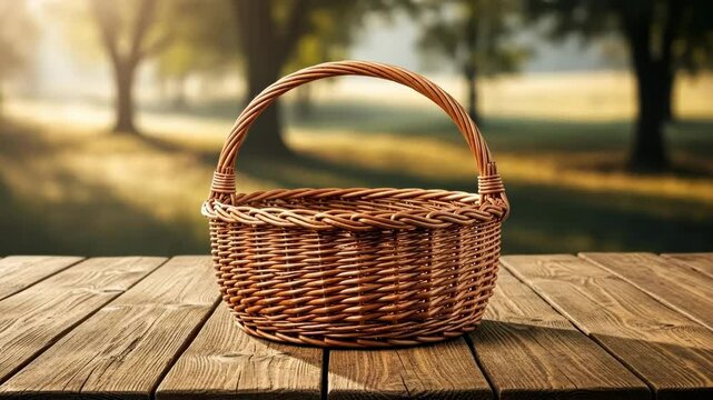 Empty wicker basket on wooden table with blurry park background, springtime picnic. Woven basket concept with nature, copy space, sunlight.