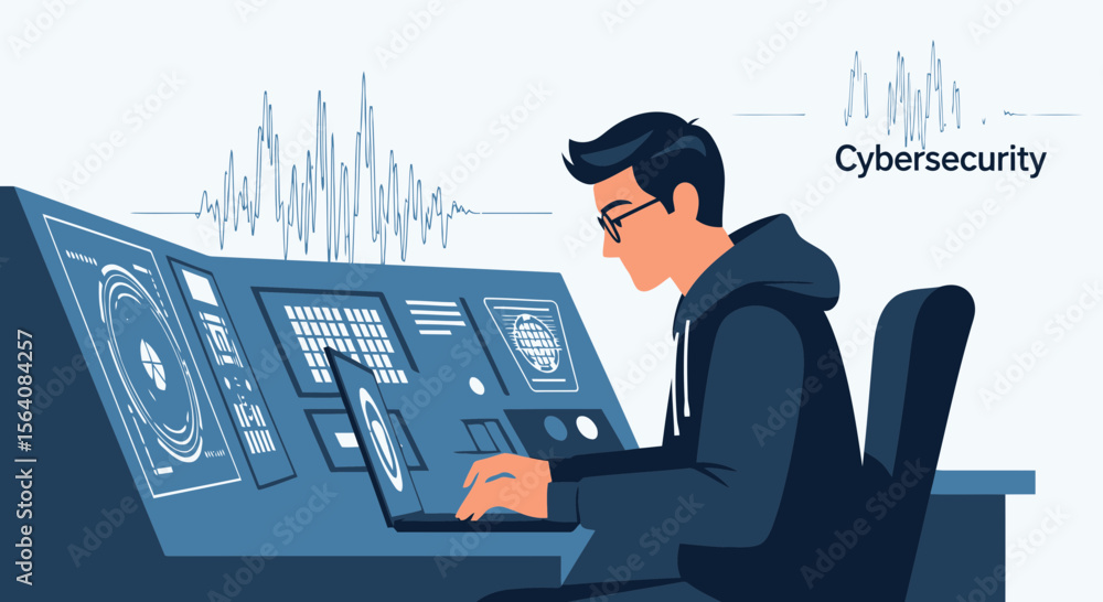 Poster professional information security analyst working at computer with modern interface