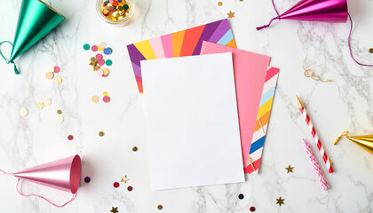Obraz premium Vibrant party invitation card on marble counter, festive celebration