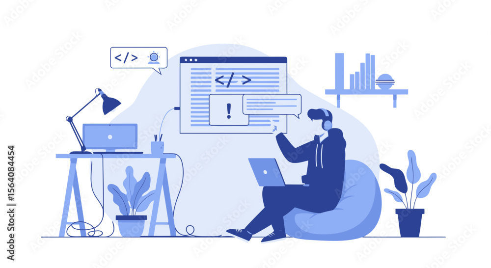 Poster remote developer working on computer illustration in a modern minimalist design