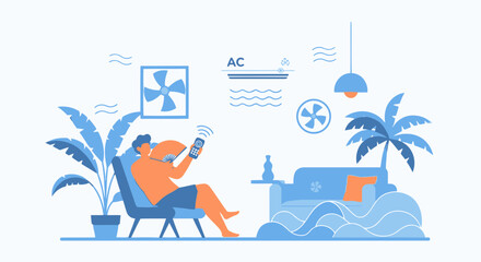 Fototapeta premium Relaxing Indoors Cooling Systems Man Enjoying Comfort Home Temperature Vector Design