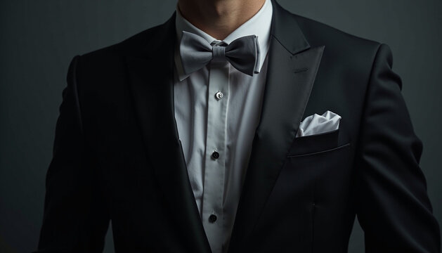 An elegant man in a formal tuxedo with a white butterfly on a dark background, demonstrating sophistication and style