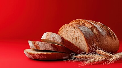Freshly sliced whole wheat bread loaf with wheat ears on red background