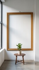 Golden frame with plant on table minimalist studio