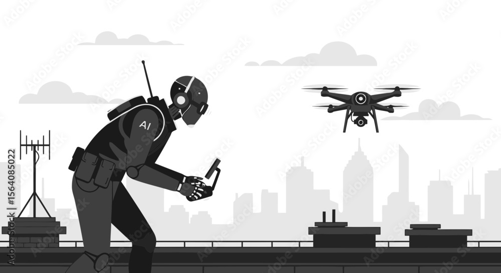 Aufkleber robot operating drone in urban environment with cityscape in background