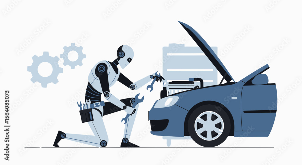 Poster robotic innovation fixing a car engine with advanced mechanical precision
