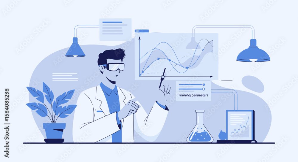 Poster scientist analyzing data in a modern laboratory with advanced technology