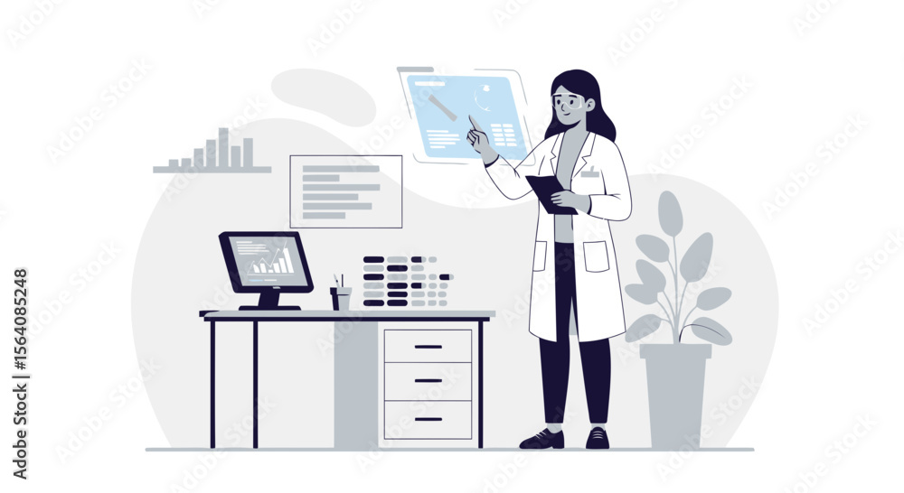 Poster scientist analyzing data on screen in laboratory research and development
