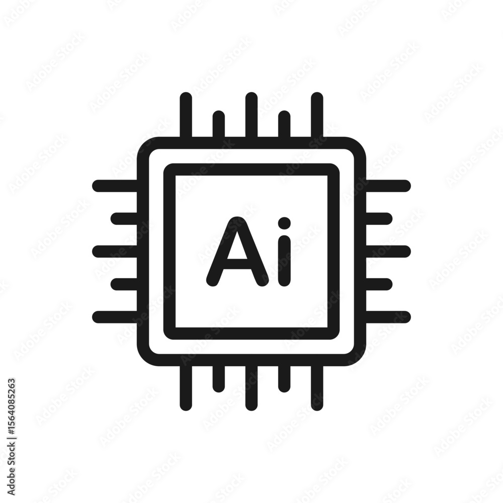 Poster thin line outline icon of ai central processor unit. technology hardware for machine learning, compu