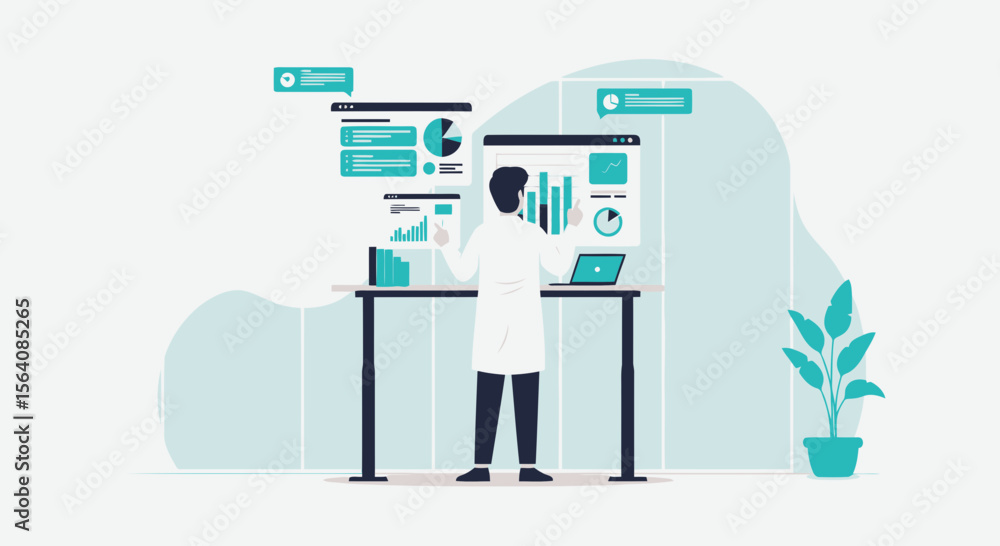 Poster scientist analyzing complex data visualizations in modern laboratory setting