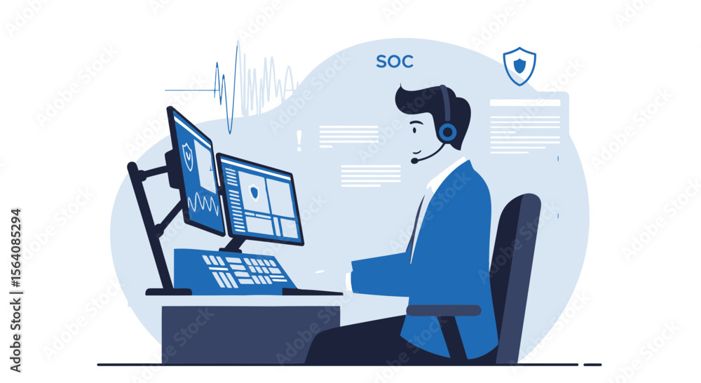 Poster security operations center analyst monitoring cyber threats with dual computer screens