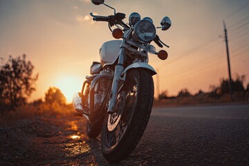 Naklejka premium A classic white motorcycle sits on a rural road at sunset, the sun glowing behind it, casting a warm light