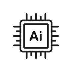 Thin line outline icon of AI central processor unit. Technology hardware for machine learning, computing, and robotics. Vector isolated on white.