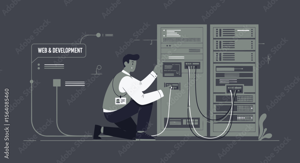 Aufkleber server maintenance technician connecting cables in data center for web development