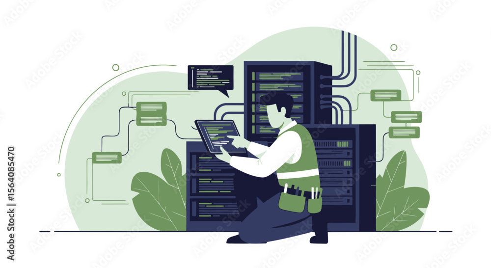 Aufkleber server room engineer performing system maintenance with laptop and data visualization