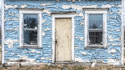 Rustic Blue House Exterior with Peeling Paint, Two Windows and Door