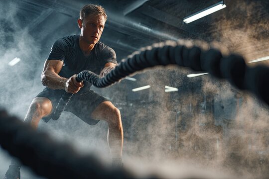 A muscular man powerfully slams thick battle ropes in a smoky gym, showcasing intense workout energy and focused determination