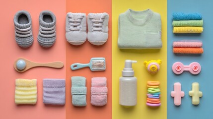 Obraz premium Flat lay of baby essentials on a colorful surface with designated space for text