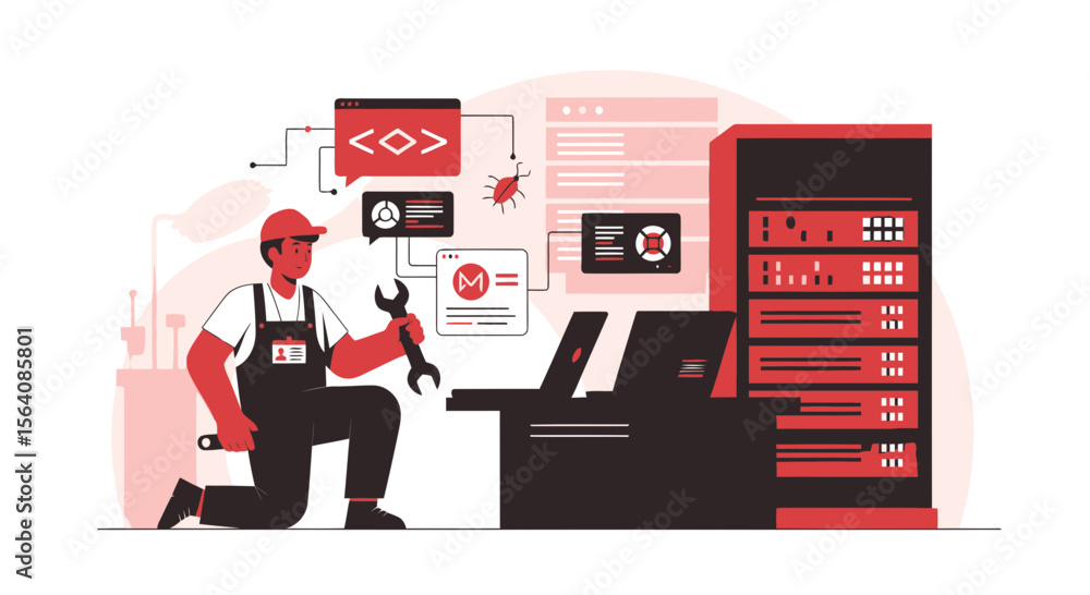 Poster system administrator fixing server problem with tools and modern workplace