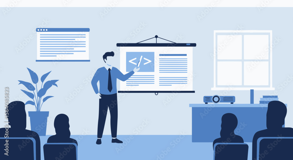 Poster software development presentation with instructor delivering coding training seminar